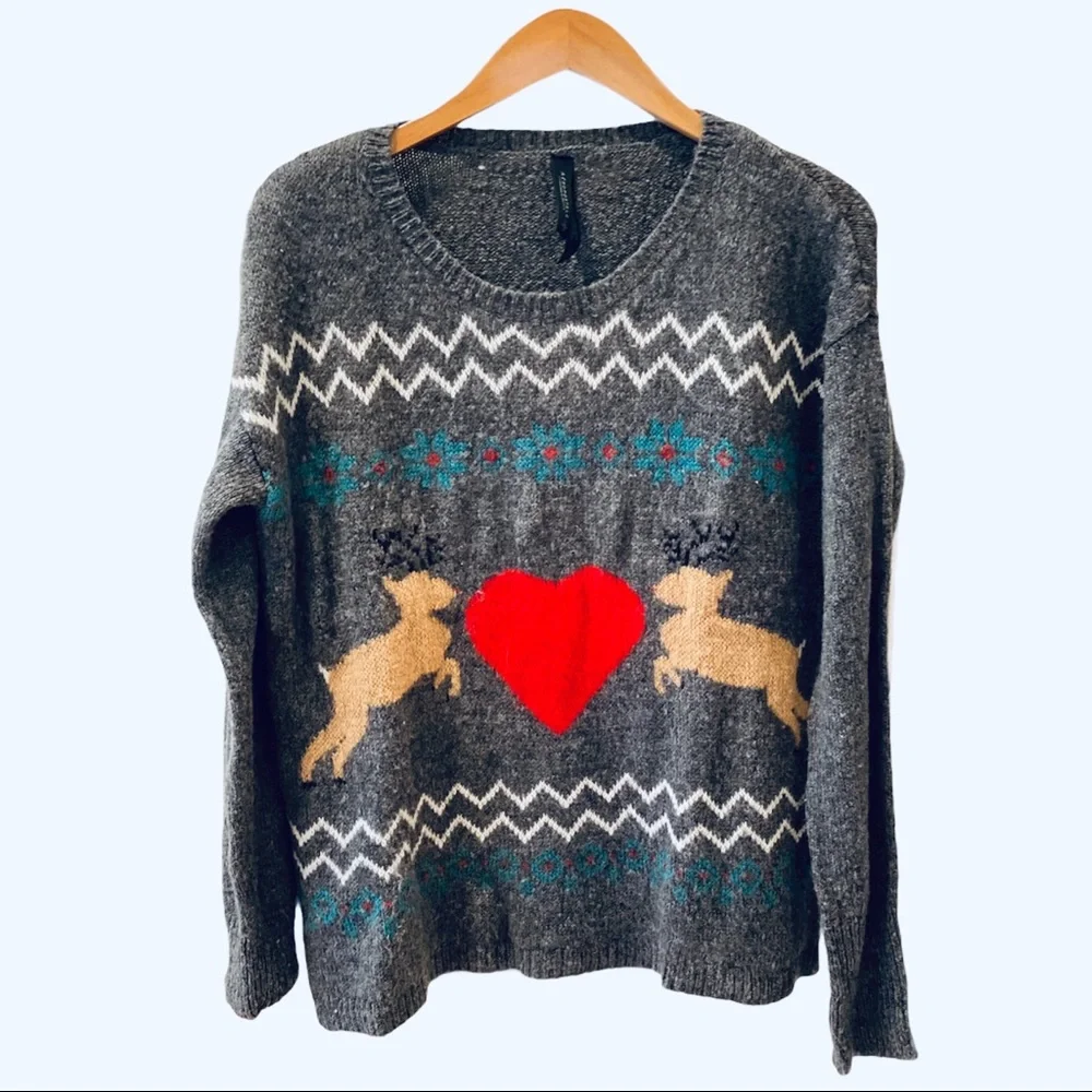 Aeropostale Reindeer Christmas Sweater Gray Red S Relaxed Fit Fair Isle Retro